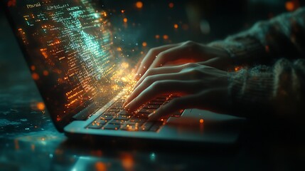 Magical Coding Experience on Laptop, A close-up of hands typing on a laptop keyboard, with glowing code and digital particles emanating from the screen