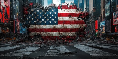 A crumbling cityscape showcases a distressed American flag prominently displayed