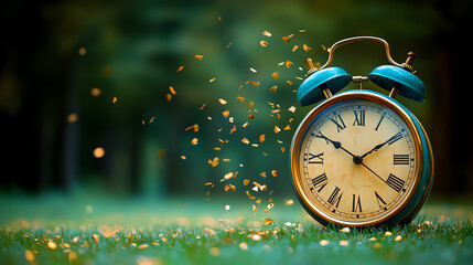 Close up of a blue and gold alarm clock on green grass with falling leaves