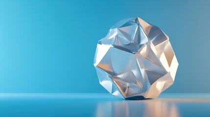 A silver abstract sculpture reflecting light on a blue surface