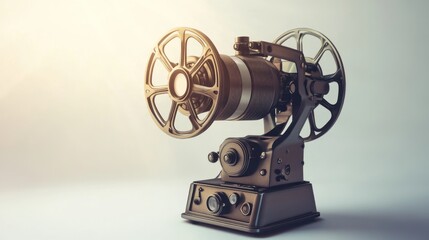Naklejka premium Vintage Film Projector with Golden Reels Classic Entertainment and Nostalgia