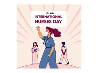 A vibrant illustration celebrating International Nurses Day. Nurses assisting senior in wheelchair on International Nurses Day. Vector silhouette design color full and  typography. International Nurse