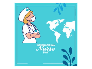 A vibrant illustration celebrating International Nurses Day. Nurses assisting senior in wheelchair on International Nurses Day. Vector silhouette design color full and  typography. International Nurse