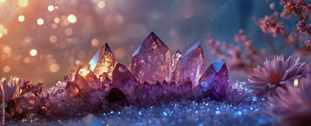 Poster Crystals Shimmering Under Soft Light With Flowers and Sparkles in a Tranquil Setting