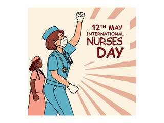A vibrant illustration celebrating International Nurses Day. Nurses assisting senior in wheelchair on International Nurses Day. Vector silhouette design color full and  typography. International Nurse
