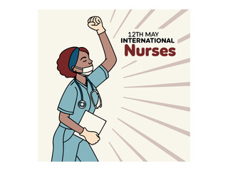 A vibrant illustration celebrating International Nurses Day. Nurses assisting senior in wheelchair on International Nurses Day. Vector silhouette design color full and  typography. International Nurse