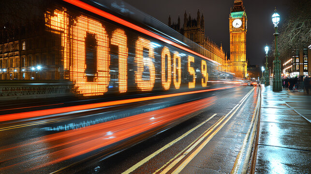 Illuminated bus passes big ben and houses of parliament at night in london
