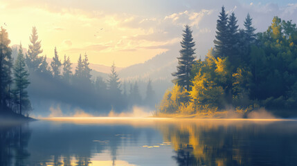 Fototapeta premium Panoramic View of a Tranquil Lakeside at Sunrise, Mist Hovering Over Calm Water, with Towering Trees Along the Shore Reflecting Golden Morning Light