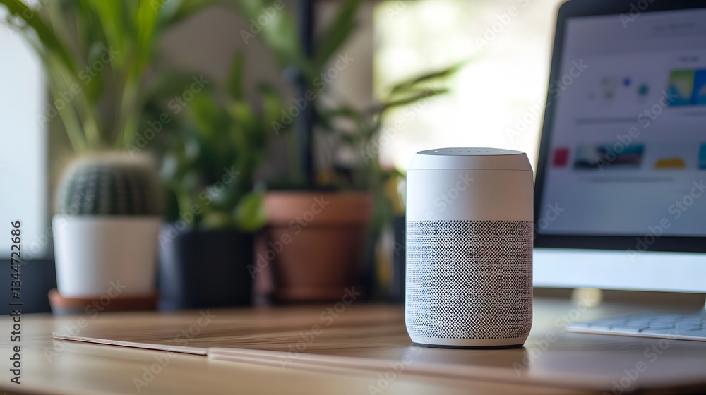 Poster smart speaker on a desk with plants and a computer creates an inviting and productive workspace.