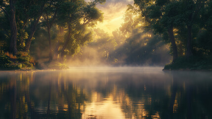 Obraz premium Panoramic View of a Tranquil Lakeside at Sunrise, Mist Hovering Over Calm Water, with Towering Trees Along the Shore Reflecting Golden Morning Light