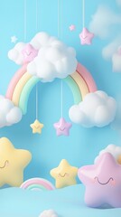 Obraz premium Pastel colored clouds rainbows and smiling stars against blue background
