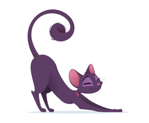 Cute cartoon illustration of a black cat stretching with a happy expression. Its curled tail and playful pose make it perfect for pet-related designs, animations, and prints