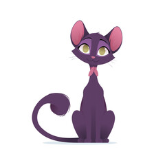 Adorable cartoon illustration of a black cat sitting with a charming expression. Its big eyes, curled tail, and pink bow make it ideal for pet-themed designs, prints, and digital art