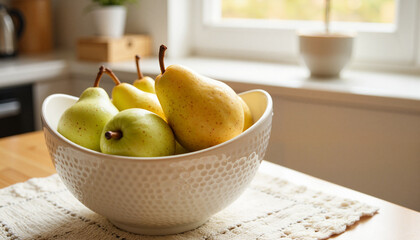 Fresh pears in decorative ceramic bowl on kitchen table, summer harvest