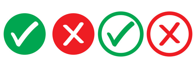Obraz premium Check mark icon button set. Check box icon with right and wrong buttons and yes or no checkmark icons in green tick box and red cross.