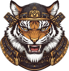 Obraz premium Vector illustration of an isolated samurai tiger head, Vector, Png