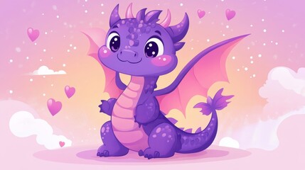 Obraz premium Cute purple dragon with hearts in a whimsical fantasy sky background concept