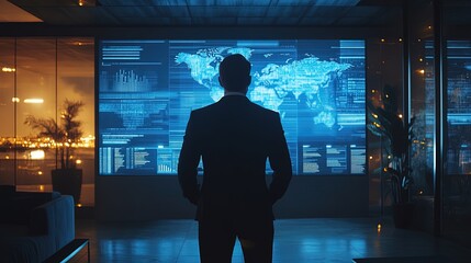 Businessman presenting strategic roadmap with holographic screens, sophisticated office, blue tones 