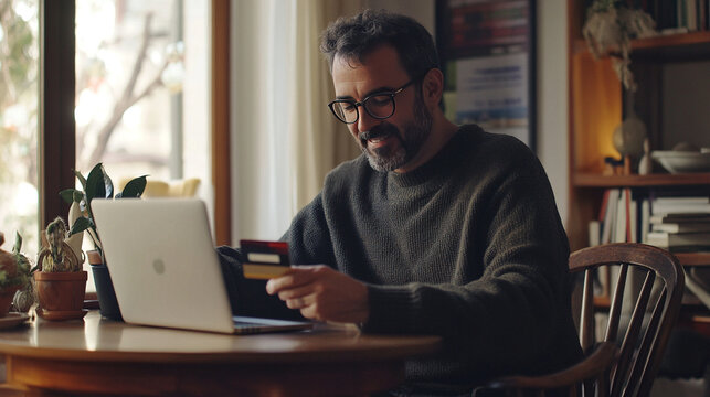 Middle-aged man making online purchase with a credit card on a laptop