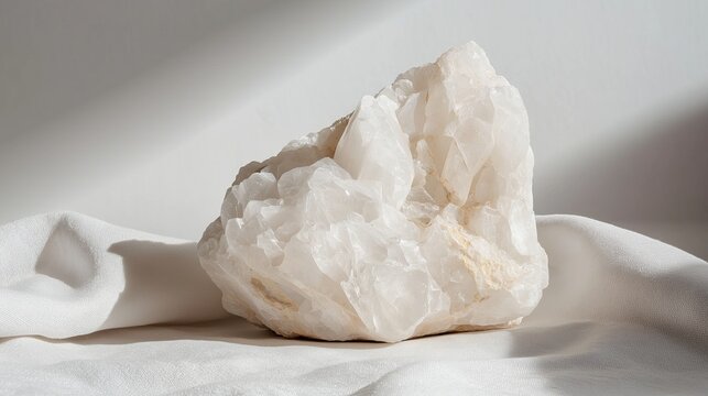 Close-up of a cluster of white crystals on a white fabric background.