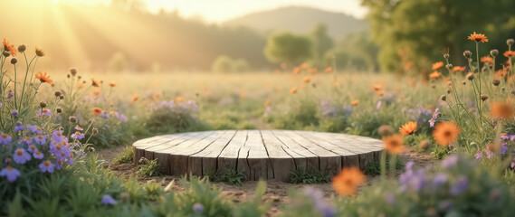 rustic wooden platform in a wildflower meadow at sunrise
