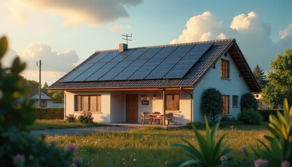 Eco-friendly electricity house with solar panels in a sunny rural setting.