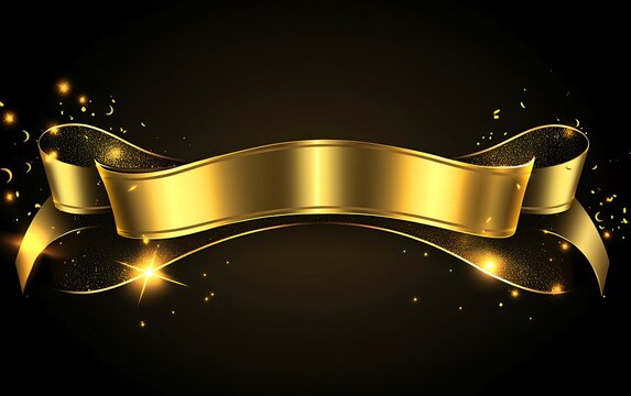 A majestic golden ribbon, shimmering with celebratory sparkles, announces a momentous occasion against a rich black backdrop.