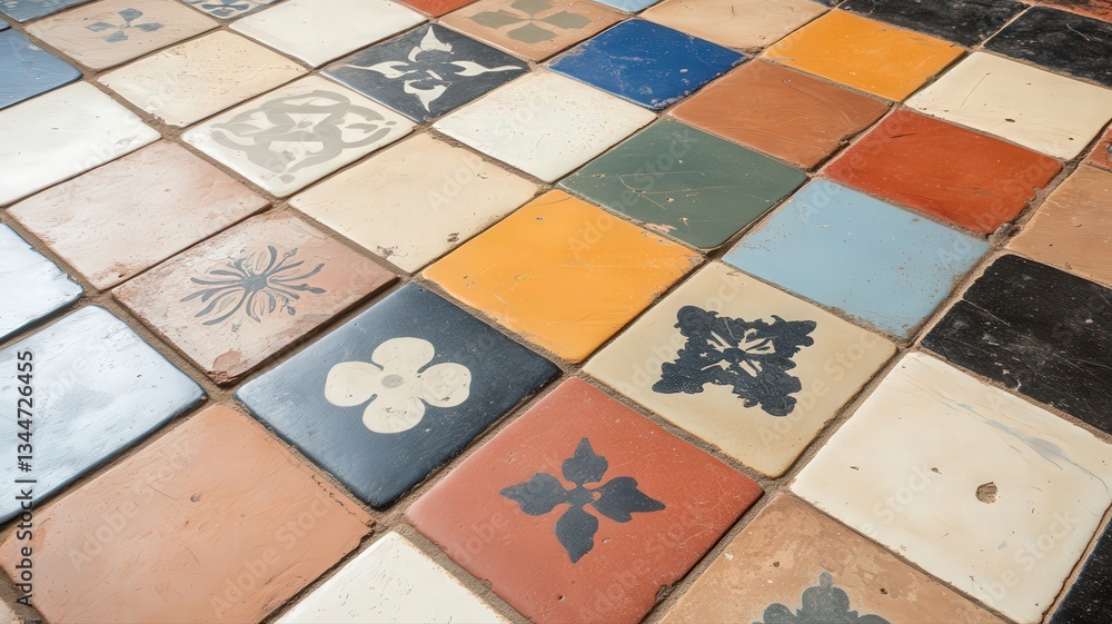 Poster multicolored patterned floor tiles with aged texture