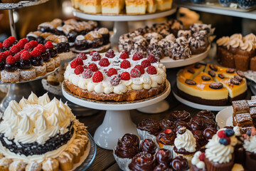 Assortment of Delicious Desserts. Variety of desserts on cake stands, perfect for celebrations or events. Ideal for party planning or food-themed design.