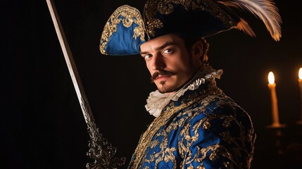 Elegant Swordsman In Elaborate Blue Costume Posing