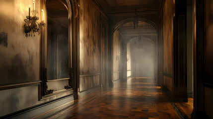 Fototapeta premium Eerie hallway with reflective mirrors and a mysterious, foggy atmosphere. Shadow Mirror. Illustration