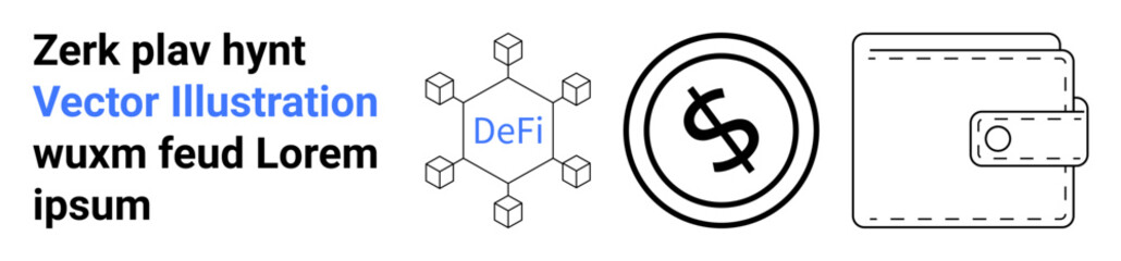 Decentralized finance blockchain network diagram, currency coin design, and digital wallet icon. Ideal for fintech, DeFi, blockchain, cryptocurrency, transactions, security abstract line flat