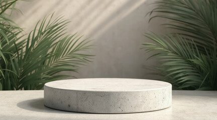 circular concrete podium with palm fronds
