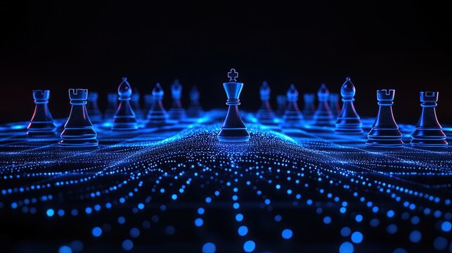 Abstract chessboard with glowing blue chess pieces, symbolizing strategic thinking, dark minimalist design  