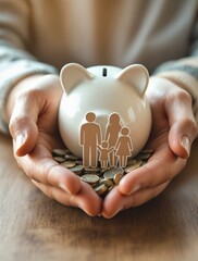 Hands holding a white piggy bank with a family icon, surrounded by coins on a wooden surface, symbolizing financial security and savings. Ai generative