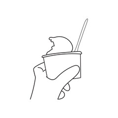 Line art of Hand holding a cup of ice cream with a spoon