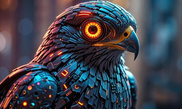 Cybernetic hawk with glowing orange mechanical eyes in a futuristic high-tech design. Concept of AI-driven wildlife and technological evolution