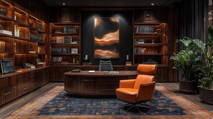 Luxurious home office with dark wood furniture, leather chair, and abstract artwork.