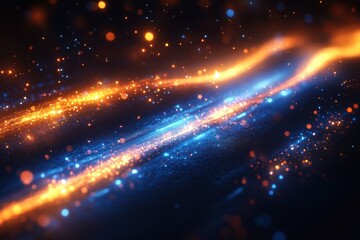 A vibrant abstract background with dynamic streaks of orange and blue light creates a futuristic feel.