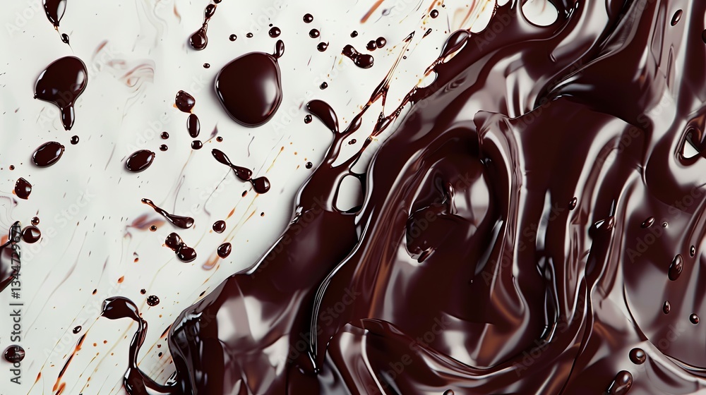 Poster rich, glossy melted chocolate droplets spreading on a cream background creating an indulgent visual 
