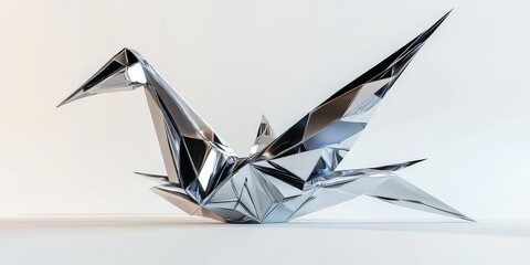A silver reflective origami crane sits against a white background