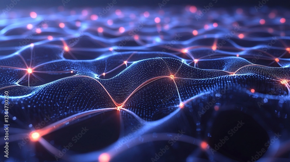 Poster flowing neural mesh with nodes and connections in abstract design