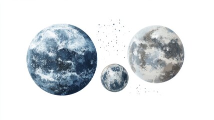 Obraz premium Cosmic watercolor art featuring three moons in blue and gray tones with star accents