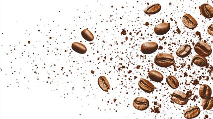 Coffee beans and ground powder scattered on white background for cafe and beverage concepts