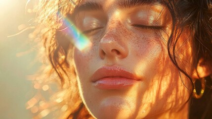 Naklejka premium A woman with a sunburned face and with closed eyes