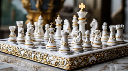 Fototapeta premium Ornate White Chess Set on Marble Board
