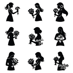 Black silhouette mom and baby daughter love shape white background