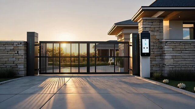 Modern Luxury House with Automated Sliding Gate and Smart Security System at Sunset in a Contemporary Residential Area

