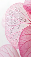 Gentle pink leaves display intricate vein patterns, glistening with morning raindrops under soft light. Nature's elegance is vividly showcased in this peaceful moment of beauty