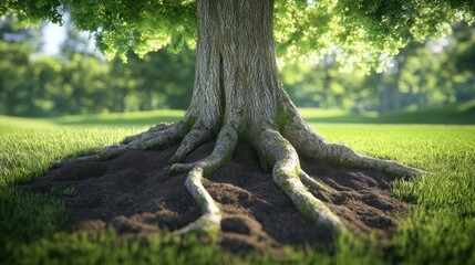 Obraz premium Majestic tree trunk and exposed roots in a lush green meadow, bathed in sunlight.